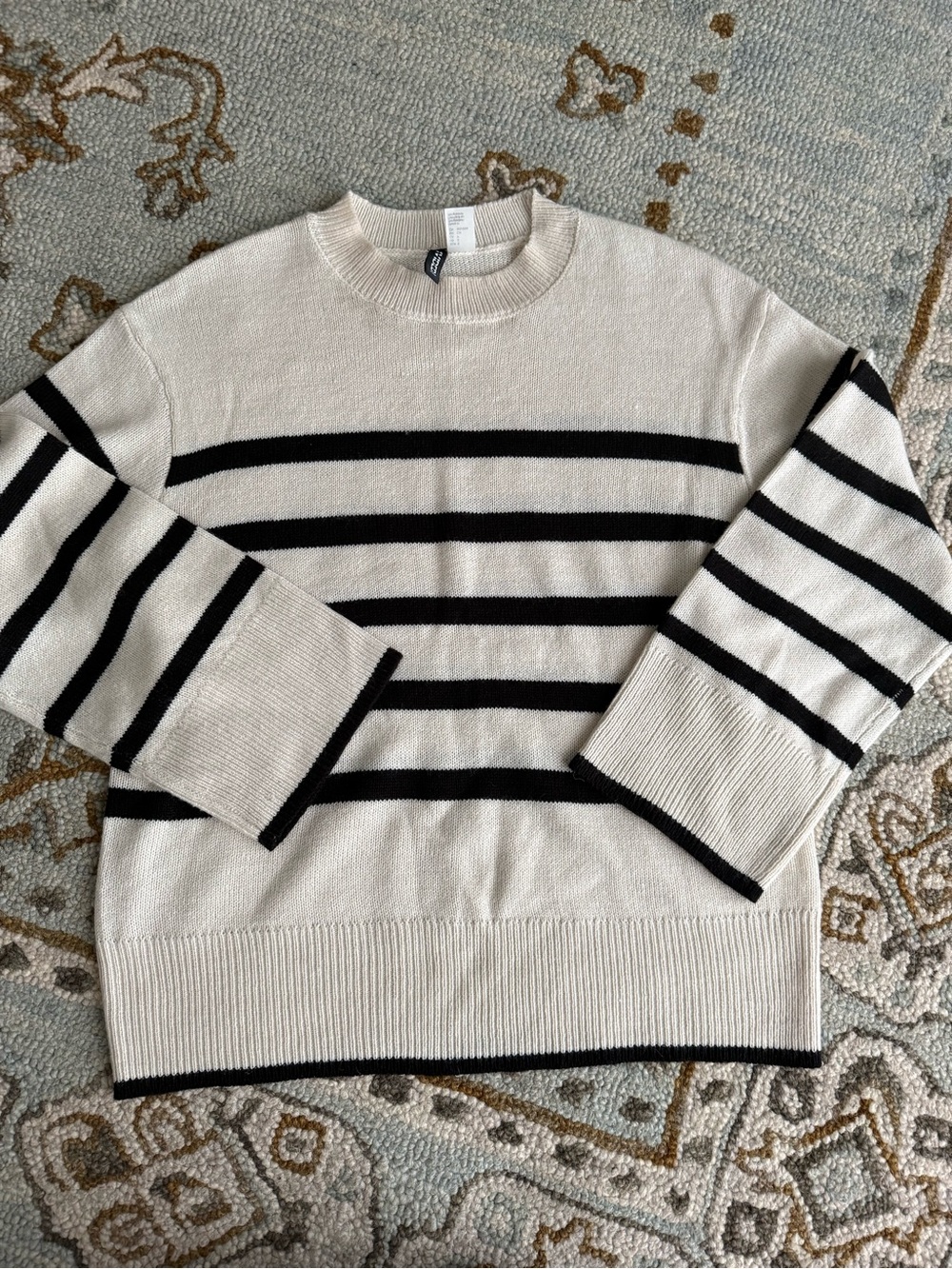 H&M Cream and Black Striped Crewneck Sweater